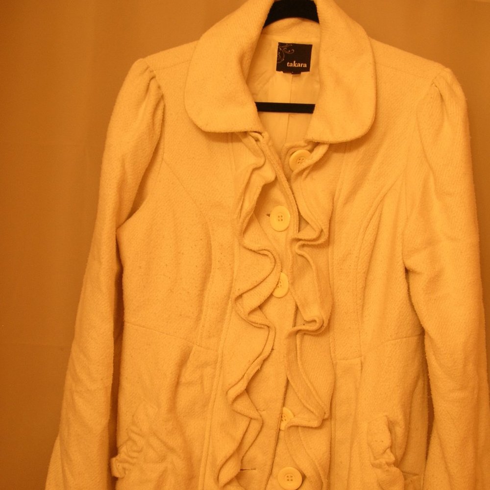 Light beige ruffled lined jacket w/ bow size L XL 14 ish 40" by Takara